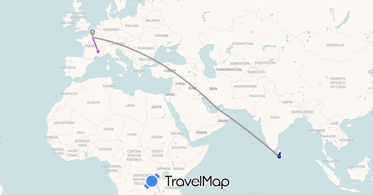 TravelMap itinerary: driving, plane, train in United Arab Emirates, France, Sri Lanka (Asia, Europe)